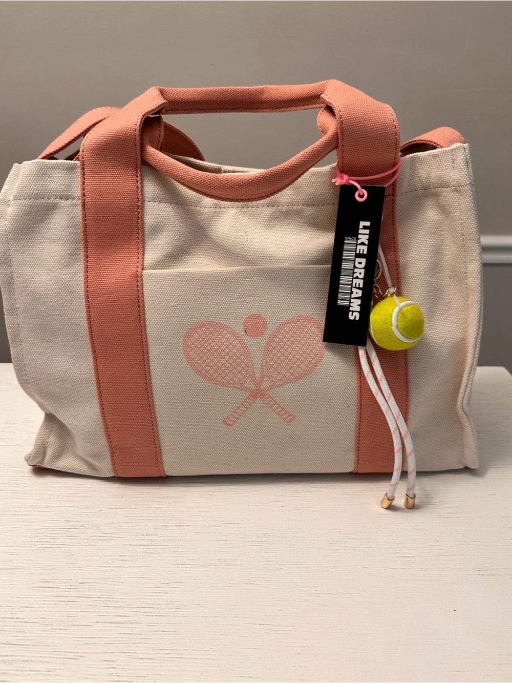 Like Dreams Canvas Tote Bag Pink & Cream Tennis Racket Design NWT